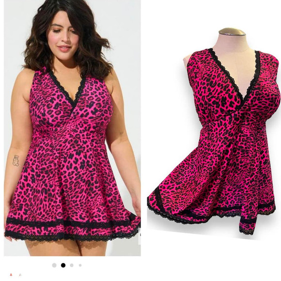 torrid Other - Torrid 3 (3X) Pink Leopard Print‎ Lace Trim Mid Wireless Swim Dress w/Briefs New